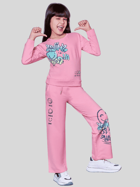 Girls' Casual Bubblegum Pink Graphic Print Sweatshirt and Wide-Leg Track Pant Set