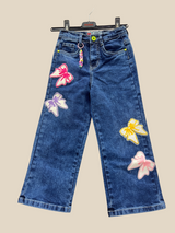 Girls' Wide-Leg Blue Denim Jeans with Colorful Bow Embroidery & Bead Charm