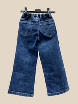Girls' Wide-Leg Blue Denim Jeans with Colorful Bow Embroidery & Bead Charm