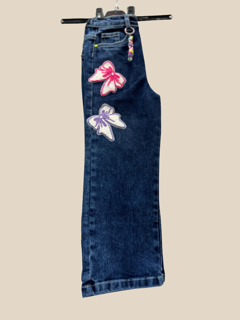 Girls' Wide-Leg Blue Denim Jeans with Colorful Bow Embroidery & Bead Charm