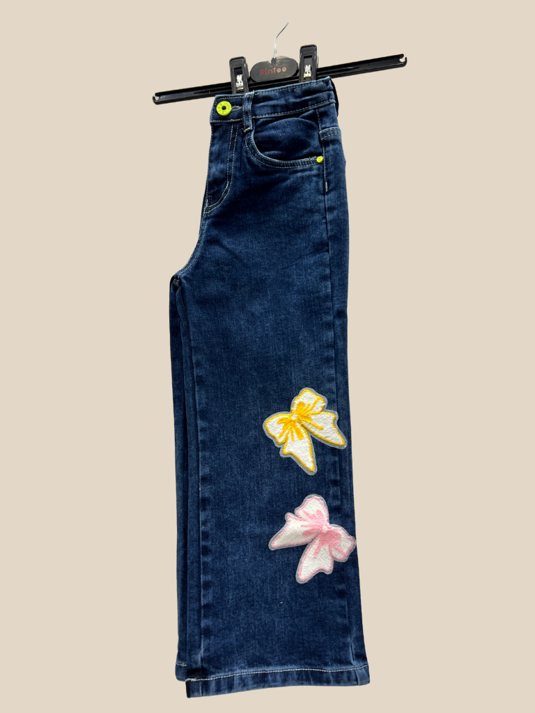 Girls' Wide-Leg Blue Denim Jeans with Colorful Bow Embroidery & Bead Charm