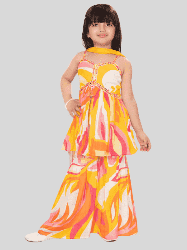 Girls Traditional Sleeves Less Ghagara Set - Yellow