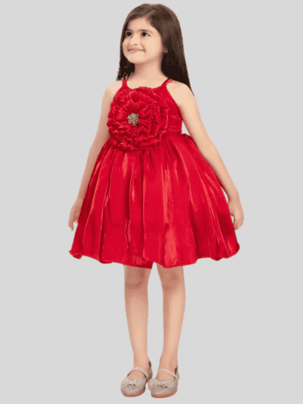 Girls Party Plain Satin Party Frock - Red