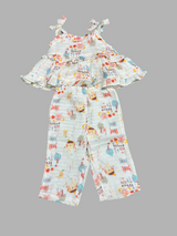 Girls Printed Sleeveless Top & Pant Set – White Multi-Color