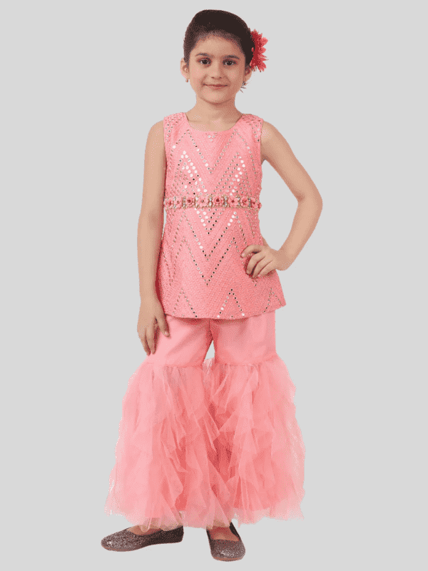 Girls Traditional Sleeves Less Sharara Set - Pink