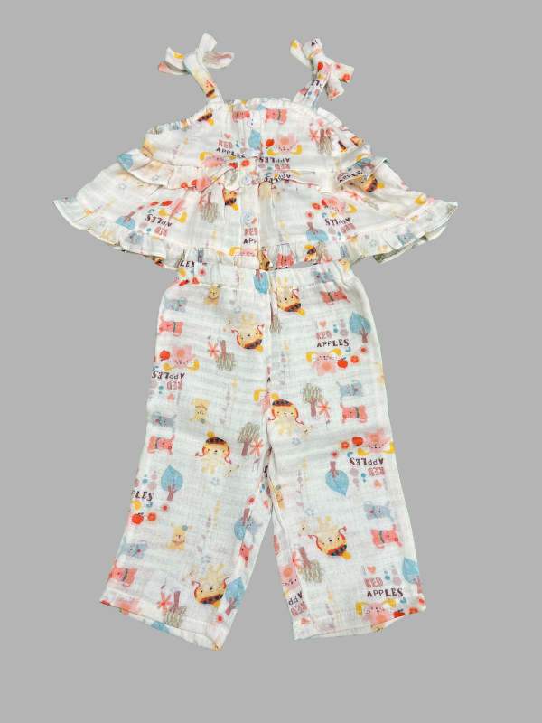 Girls Printed Sleeveless Top & Pant Set – White Multi-Color