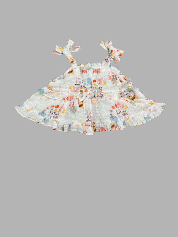 Girls Printed Sleeveless Top & Pant Set – White Multi-Color