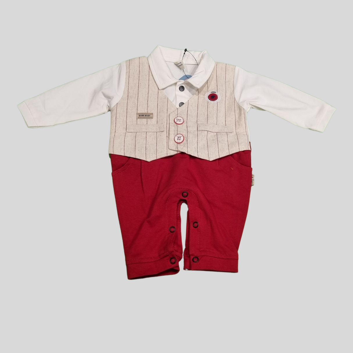 Elegant Baby Boy Party Romper – Formal Tuxedo Style with Vest & Bow Tie (Maroon)
