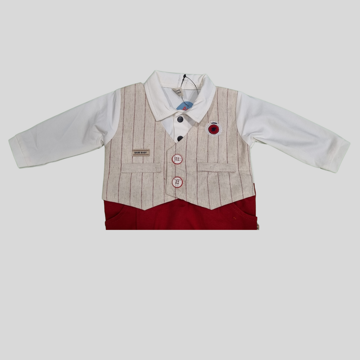 Elegant Baby Boy Party Romper – Formal Tuxedo Style with Vest & Bow Tie (Maroon)
