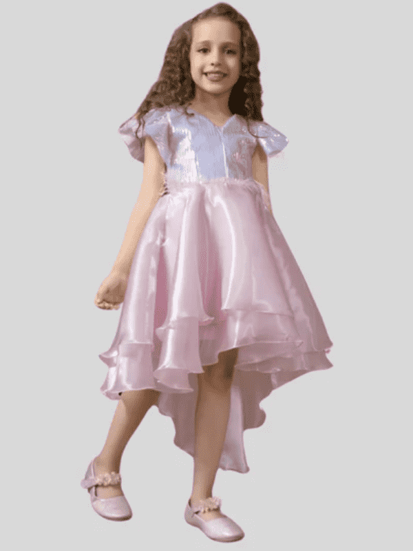 Girls Party Satin Party Frock With Work - Pink