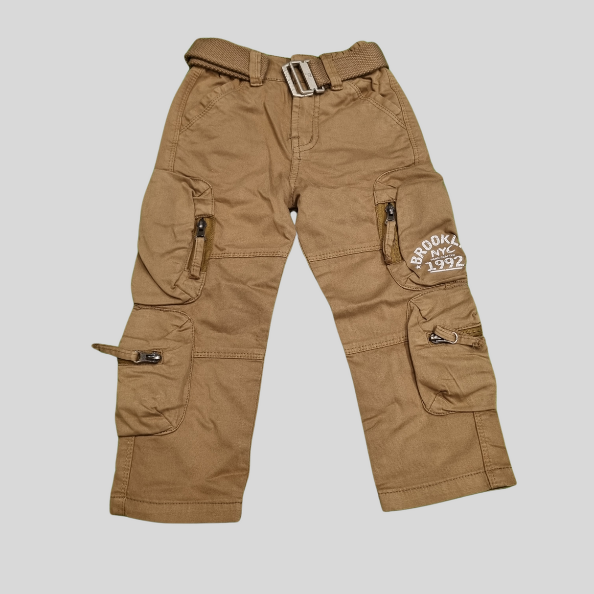 Boys' Utility Cargo Pants with Belt – Khaki "Brooklyn NYC 1992"