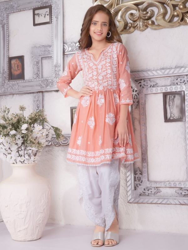 Girls Traditional 3/4th Sleeve Dhoti Set - Peach