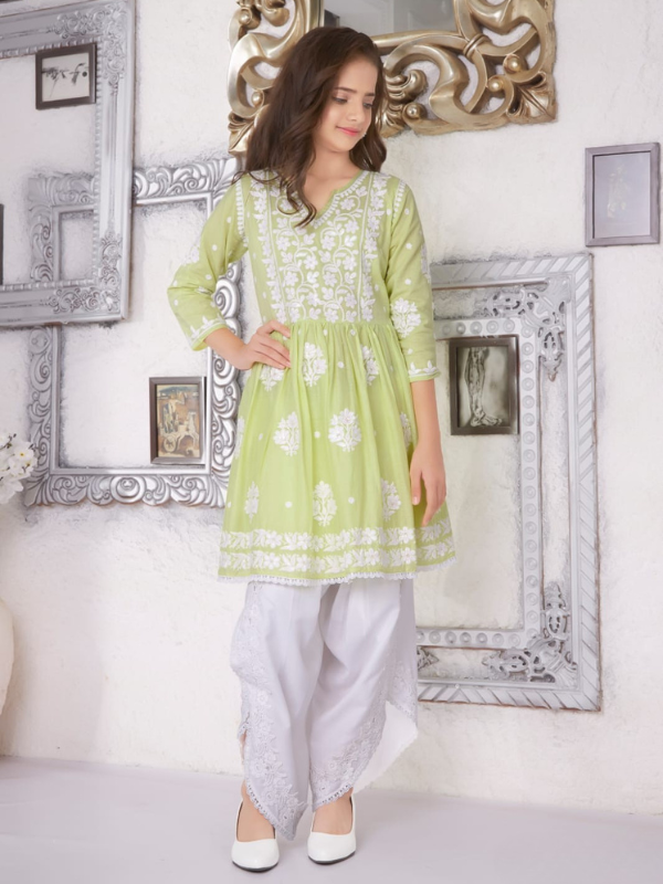 Girls Traditional 3/4th Sleeve Dhoti Set - Green