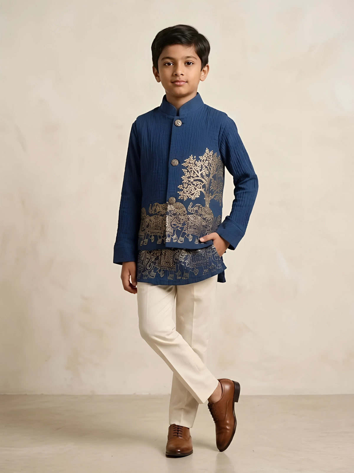Boy wearing a blue printed waistcoat with kurta and cream trousers