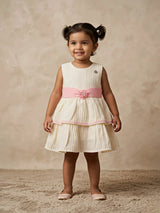 Cream Tiered Party Frock with Pink Floral Sash