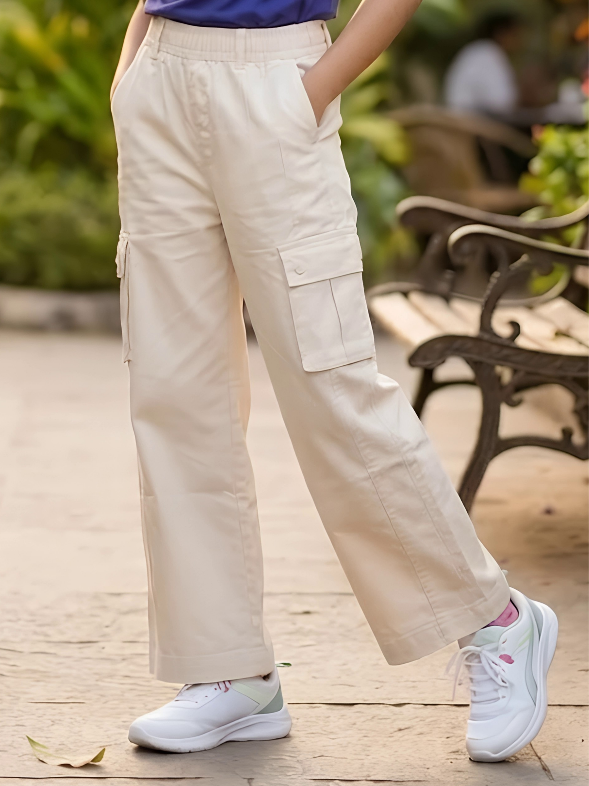Girls Stylish Cream Wide-Leg Cargo Pants
