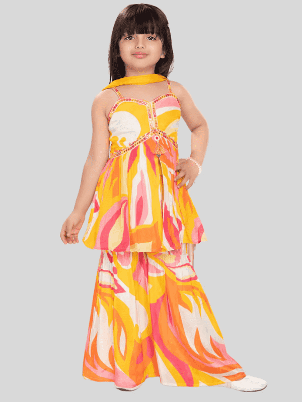 Girls Traditional Sleeves Less Ghagara Set - Yellow