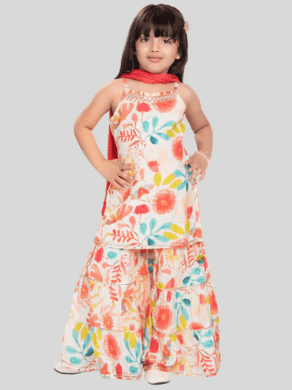 Girls Traditional Sleeves Less Ghagara Set - Cream