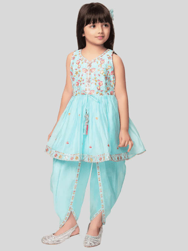 Girls Traditional Sleeves Less Dhoti Set - Blue