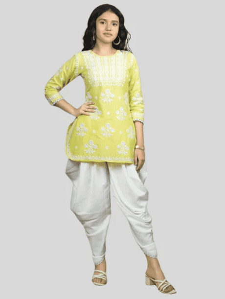 Girls' Lime Green 3/4-Sleeve Kurti and White Patiala Pant Set
