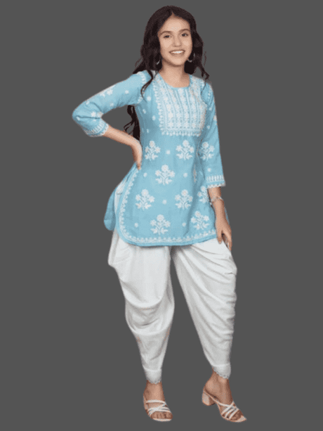 Girls' Casual Sky Blue 3/4-Sleeve Kurti and White Patiala Pant Set
