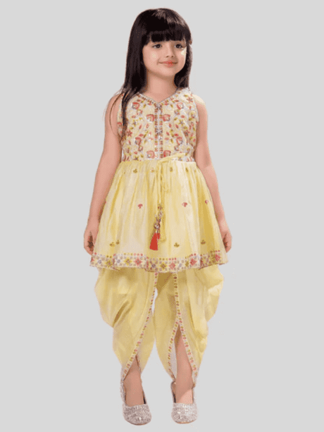 Girls' Pastel Yellow Peplum Kurti and Dhoti Set with Floral Yoke