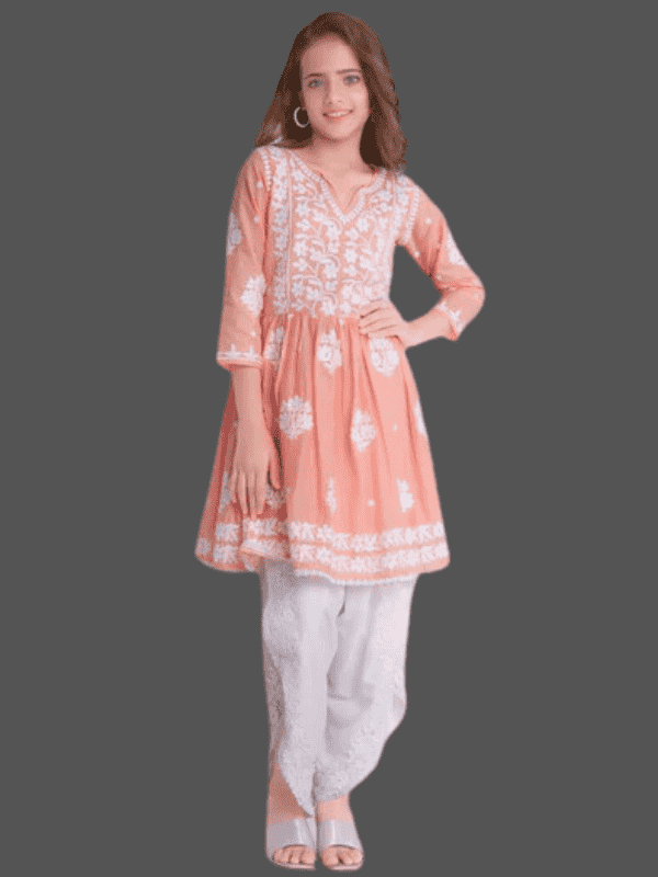 Girls' Peach/Coral Chikankari Embroidered Peplum Kurti and Dhoti Set