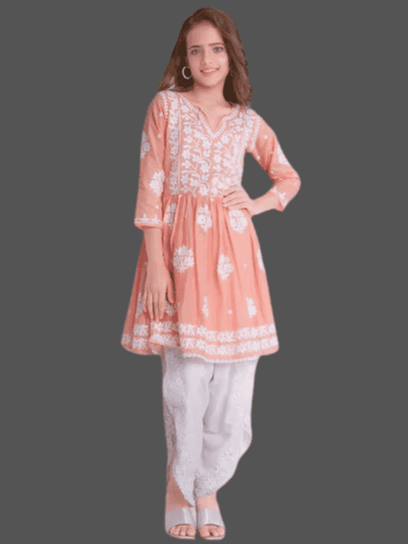 Girls' Peach/Coral Chikankari Embroidered Peplum Kurti and Dhoti Set