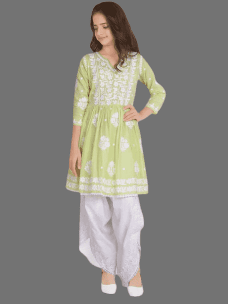 Girls' Lime Green Chikankari Embroidered Peplum Kurti and White Dhoti Set
