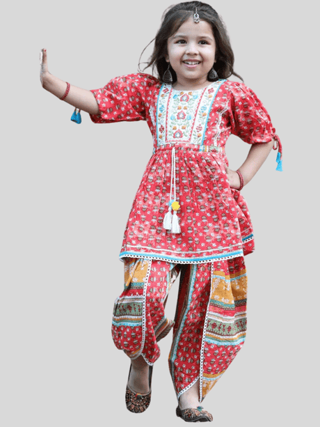 Girls' Traditional Red Floral Print Peplum Top and Dhoti Pant