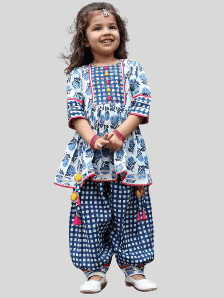 Girls' Casual Chic Navy Blue Floral Print Tunic and Patiala Pant Set