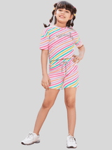 Girls Casual Stripes Half Sleeves Short Set - Pink