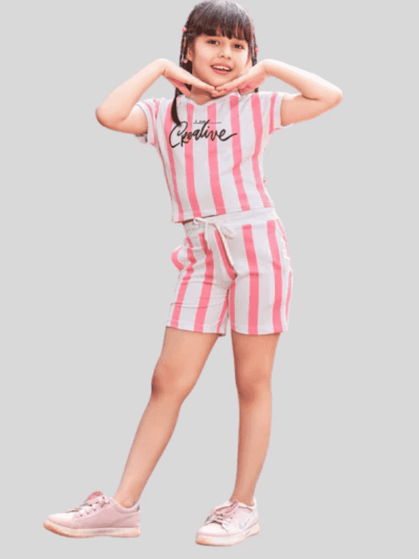 Girls Casual Stripes Half Sleeves Short Set - Pink