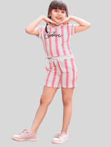 Girls Casual Stripes Half Sleeves Short Set - Pink