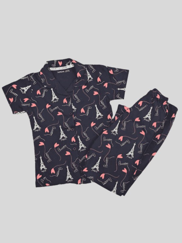 Girls Leisure Half Sleeves Front Open Night Suit - Navy Blue