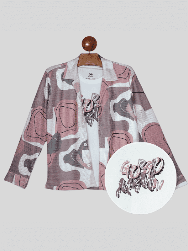 Boys Casual Full Sleeves Printed Shirt With T-Shirt - Peach