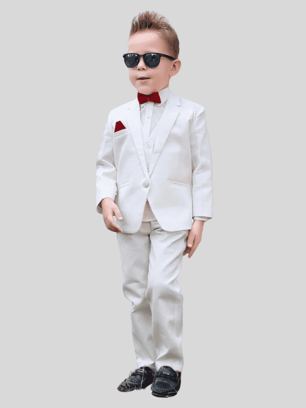 Boys Party 3 Piece Suit With Bow-White