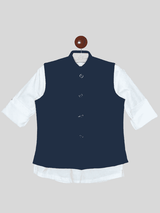 Boys Party Waist Coat with Shirt V Neck-Navy Blue