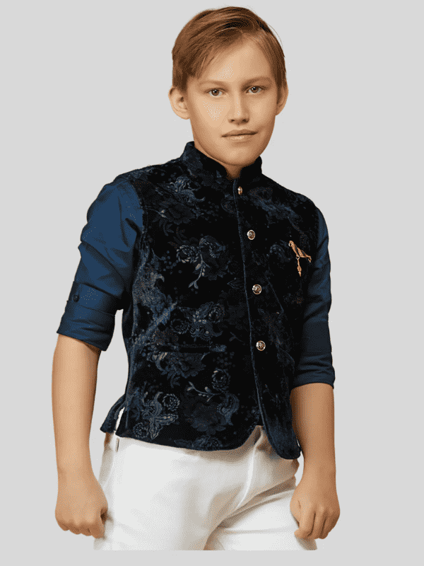 Boys Party Waist Coat with Shirt V Neck-Navy Blue