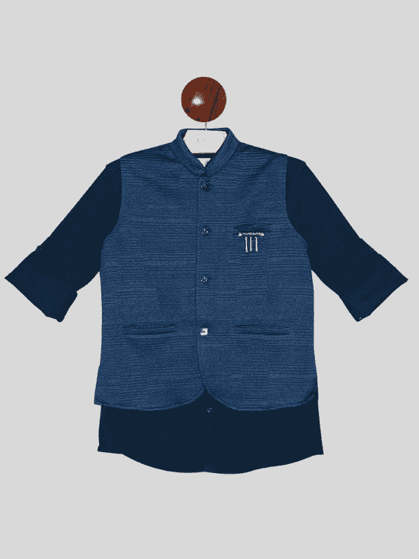 Boys Party Waist Coat with Shirt V Neck-Navy Blue