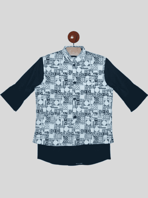 Boys Party Waist Coat with Shirt High Neck-Navy Blue