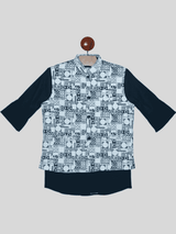 Boys Party Waist Coat with Shirt High Neck-Navy Blue