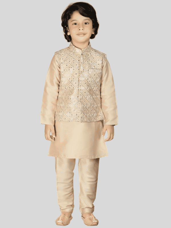 Boys Traditional With Work Chudidar Kurta with Koti - Fawn