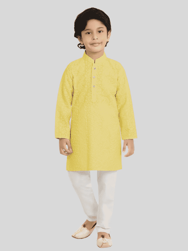 Boys Traditional Self Design Chudidar Kurta Set - Yellow