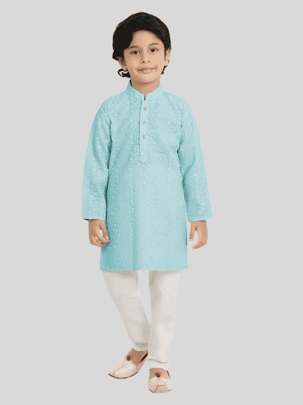 Boys Traditional Self Design Chudidar Kurta Set - Blue