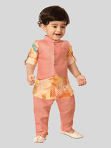 Boys Traditional Printed Chudidar Kurta with Koti - Peach