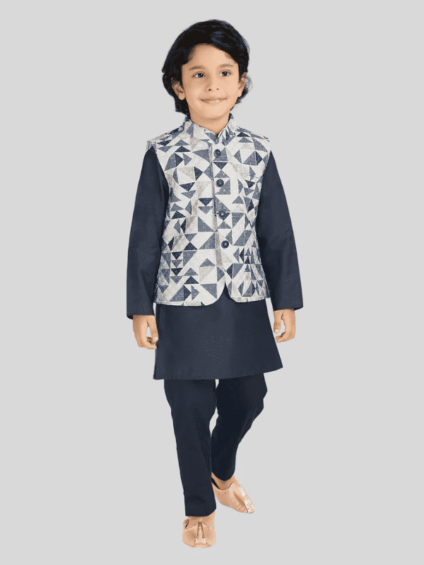 Boys Traditional Printed Chudidar Kurta with Koti - Navy Blue