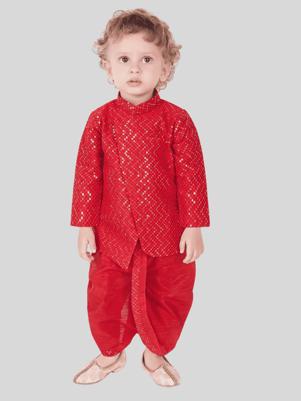 Boys Traditional With Work Kurta Set With Mojdi - Red