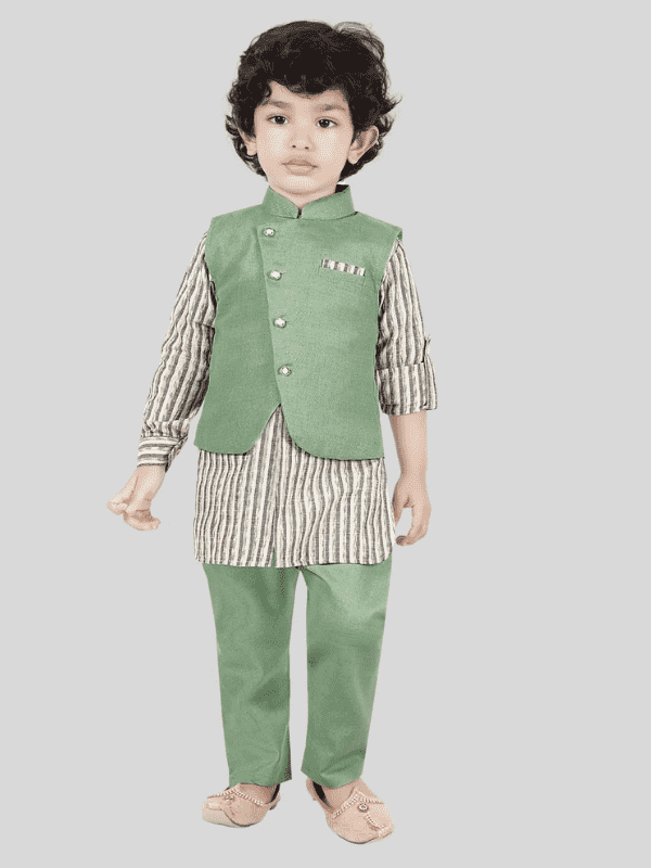 Boys Traditional Neuron Plain Chudidar Kurta with Koti - Green