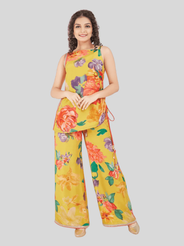 Girls Traditional Sleeves Less Plazo Set - Yellow